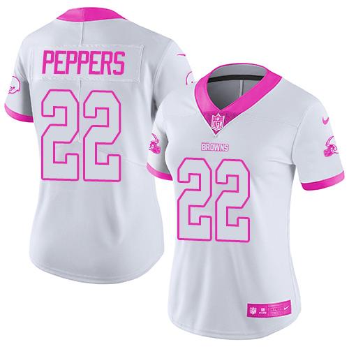 Nike Browns #22 Jabrill Peppers White/Pink Women's Stitched NFL Limited Rush Fashion Jersey - Click Image to Close